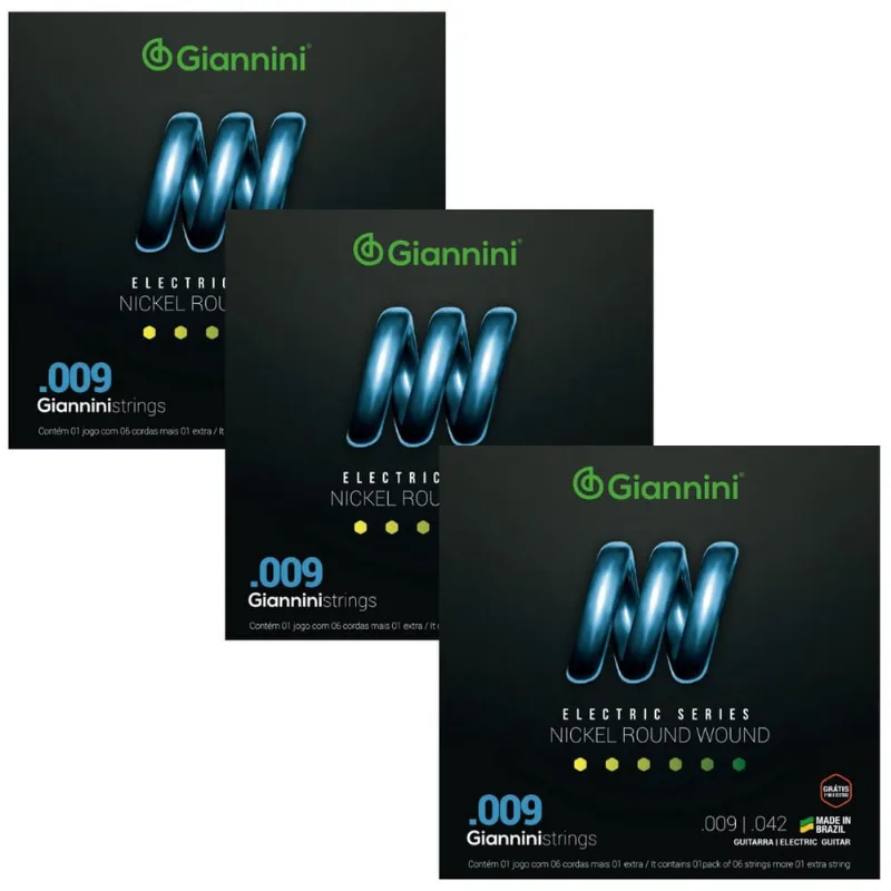 Kit 3 encordoamento guitarra giannini GEEGST.9 nickel