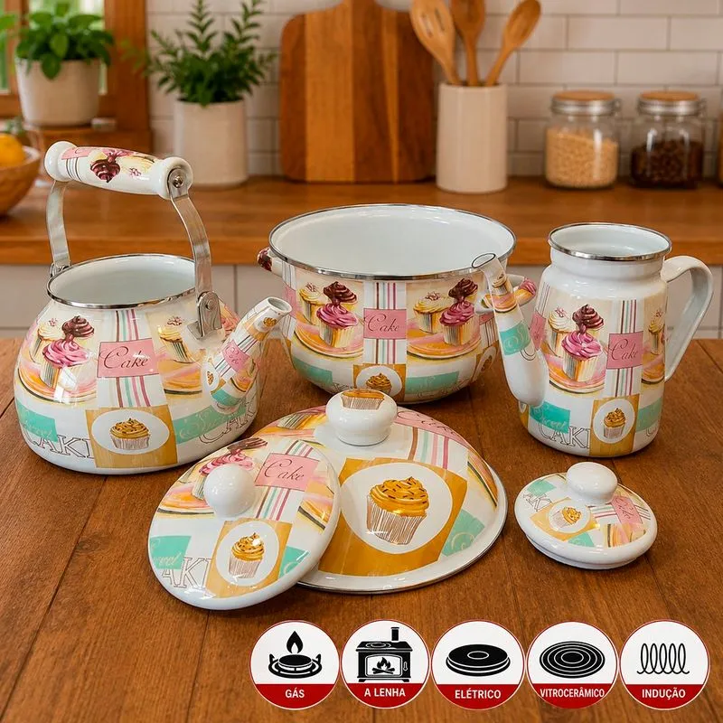 Jogo Panela Caçarola Bule Chaleira Esmaltada Cake Kit 3pçs