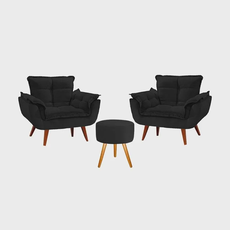 Kit 2 Poltronas Opala com 1 Puff Nina Luxo com Pés Estilo Retrô - Preto