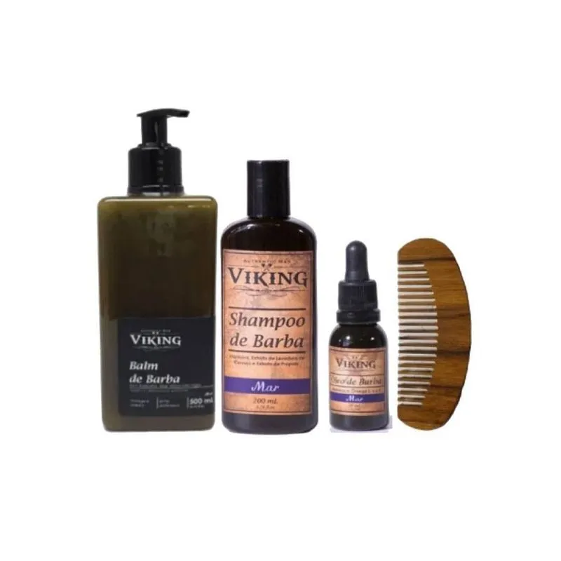 Kit Barba Balm 500ml+shampoo+oléo + Pente Madeira Viking Mar