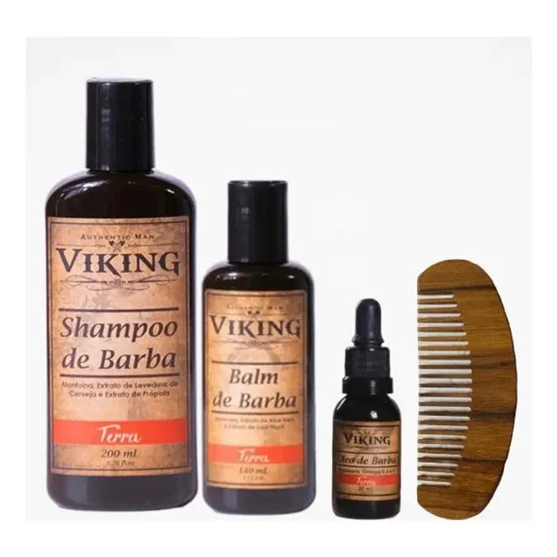 Kit Para Barba Shampoo, Balm, Oléo E Pente Viking Terra