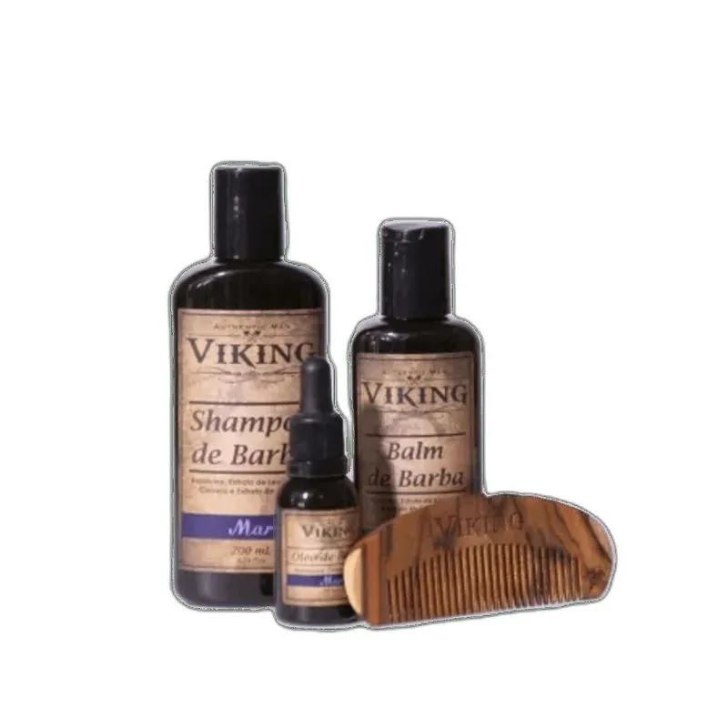 Kit Para Barba Shampoo, Balm, Oléo, Pente Madeira Viking Mar