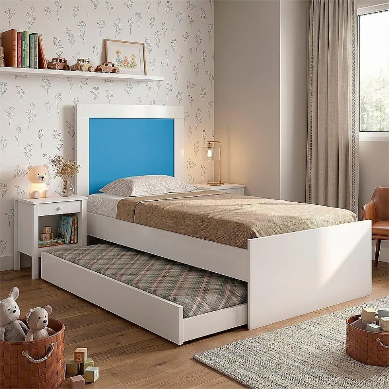 Cama Solteiro Bibox Luara Com Auxiliar E Colchões D23 Para Quarto Criança Adolescente - Branco-azul
