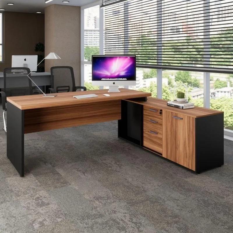 Mesa De Escritório Em L Com Armário Lateral MDP Nogal Com Preto F5 Office