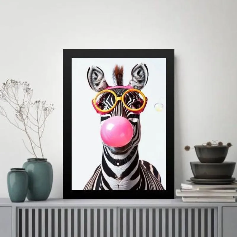 Quadro Divertido Zebra Bubble Gum 24X18Cm - Com Vidro