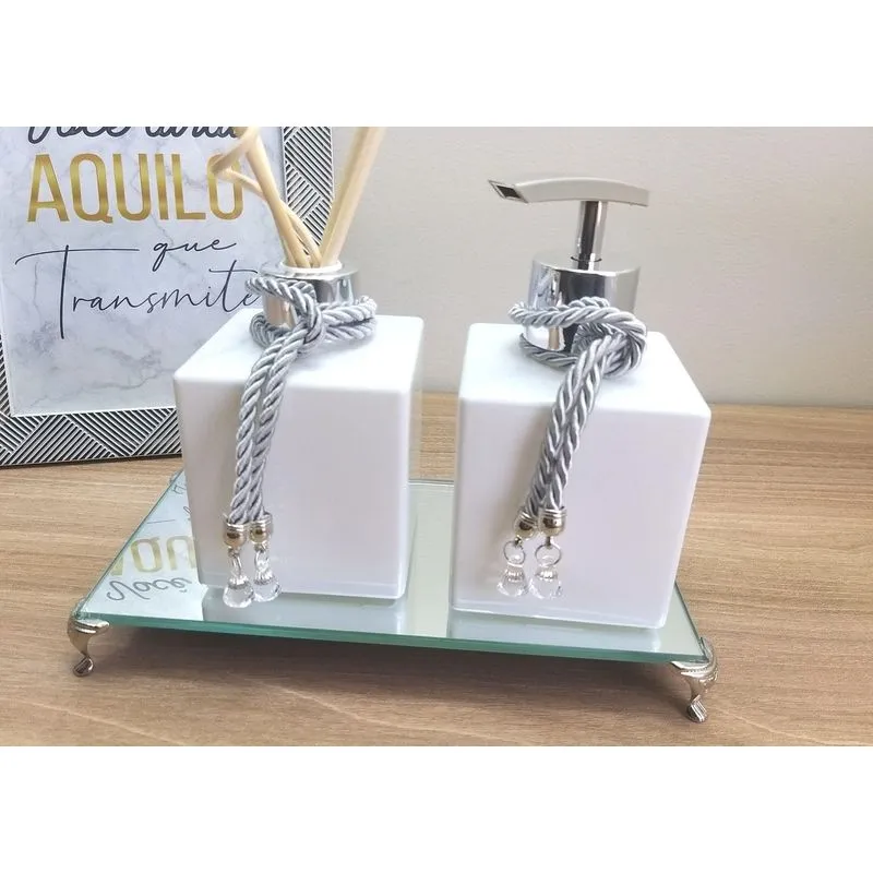 Kit Para Lavabo Sabonete Líquido Difusor Bandeja Espelhada