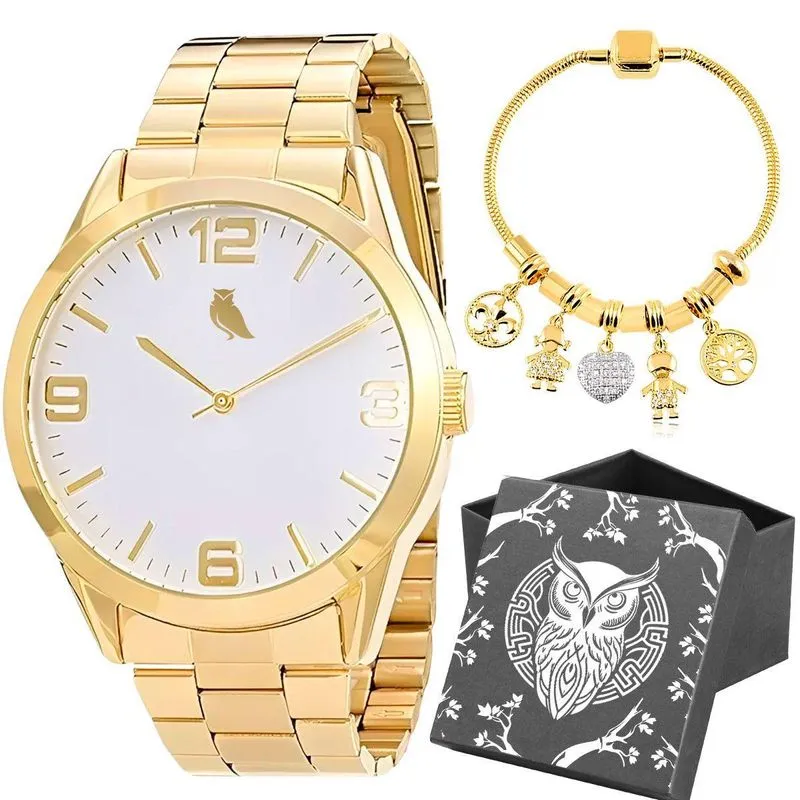 Relogio Feminino Aço Inox Dourado + Pandora Pulseira + Caixa
