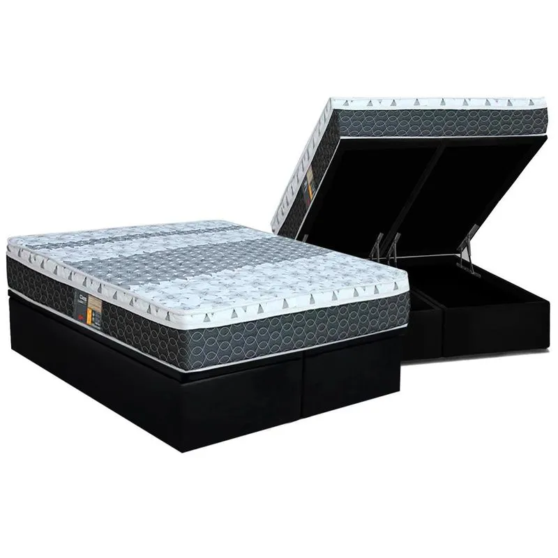 Conjunto Box Baú Queen: Colchão Molas Castor Bonnel System Class One Face + Base CRC Suede Black (158x198)