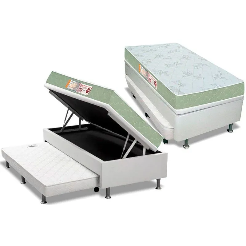 Cama Box Baú c/ Auxiliar Solteiro: Colchão Espuma Castor D33 Sleep Max + Base CRC Courano White (88x188)