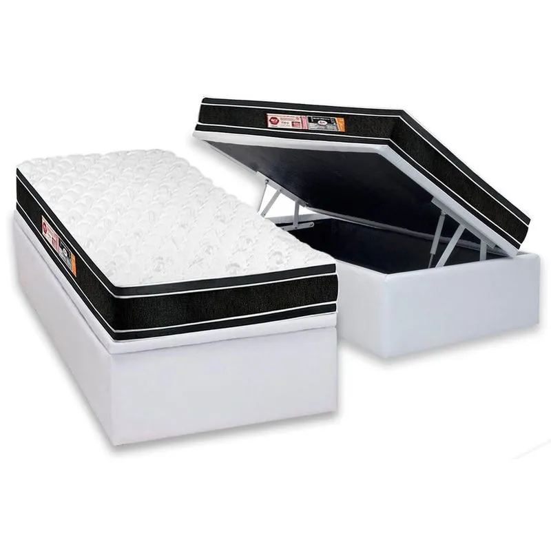 Cama Box Baú Solteiro: Colchão Espuma D33 Castor Black e White Air Euro Pillow + Base crc Courano White(88x188)