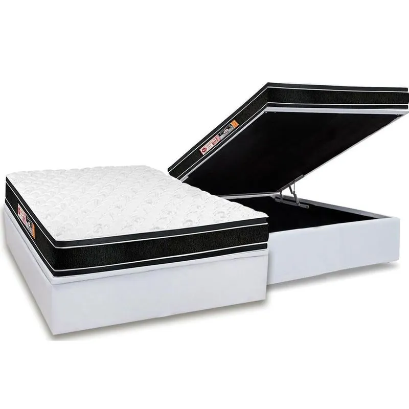 Cama Box Baú Casal: Colchão Espuma D33 Castor Black e White Air Euro Pillow + Base crc Courano White(138x188)