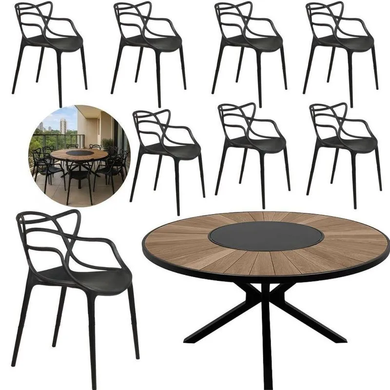 Conjunto Mesa E 8 Cadeiras Zurick Moderno Alumínio Polipropileno Centro Giratório 1,60m Nossa Kasa