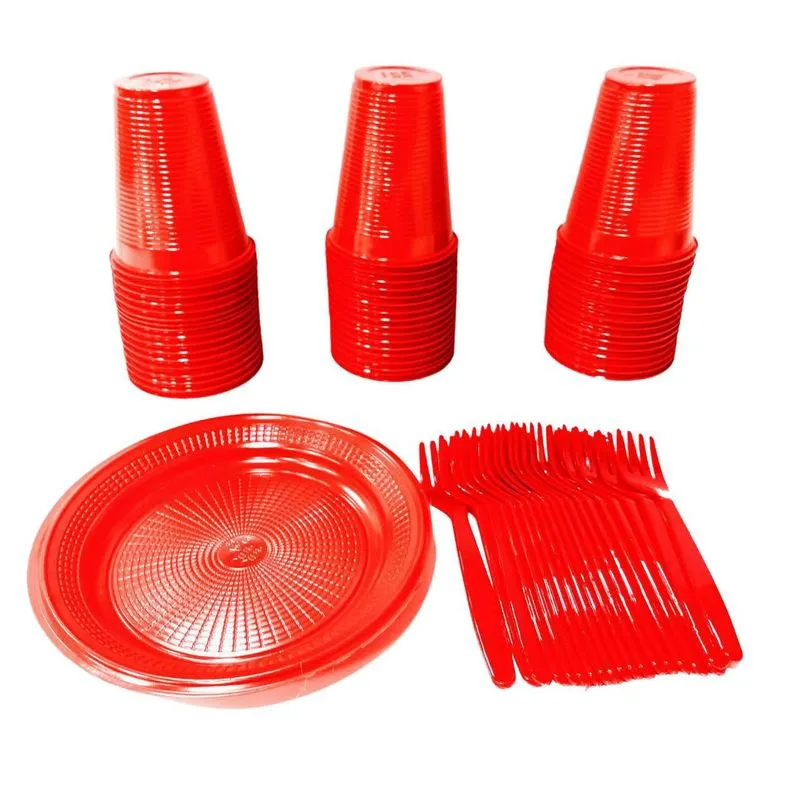 Kit 150 Pratos Copos E Garfos Descartáveis Festas - Vermelho