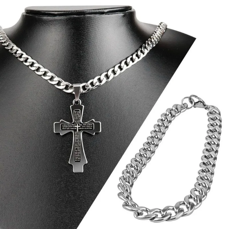 Cordão Prata Aço Inox + Pingente Pai Nosso Cruz + Pulseira Casual Moda Masculina Religioso