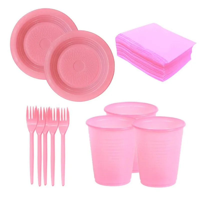 Descartáveis Pratos Copos E Garfos Rosa Claro 200 Itens