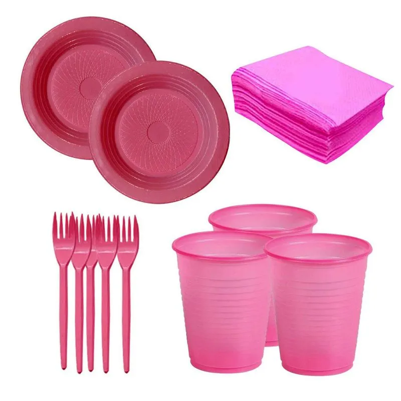 Descartáveis Pratos Copos E Garfos E Guardan. Pink 200 Itens