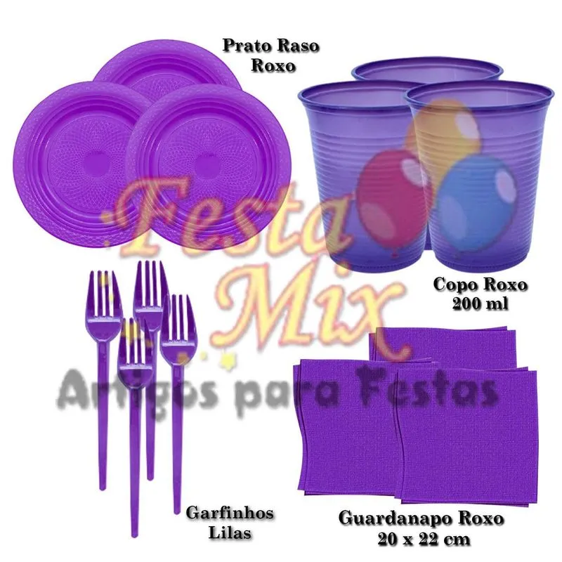 Descartáveis Pratos Copos E Garfos E Guardana Roxo 200 Itens