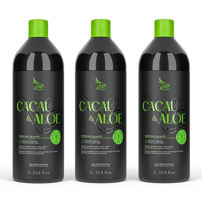 Zap Cacau &amp; Aloe Sem Pré Lavagem Combo 3 Escovas Progressivas 1 Litro - Preto