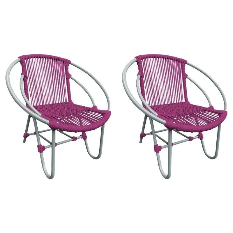 Kit 2 Cadeiras Decorativa Julia Em Corda Náutica E Base Em Alumínio Cinza- Rosa