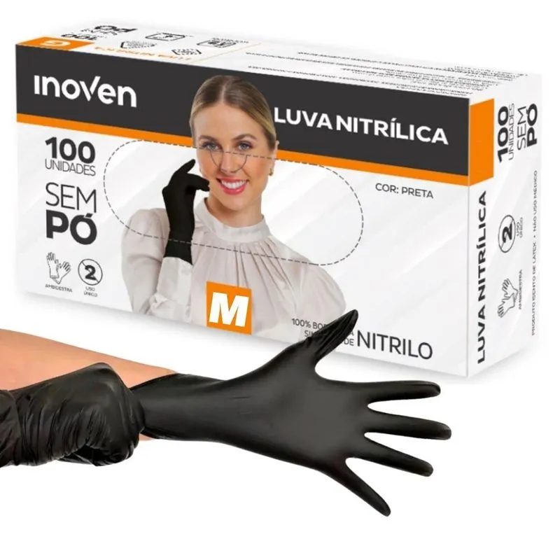 Kit Luva Nitrílica Descartável Sem Talco 500 Und - Preto - M