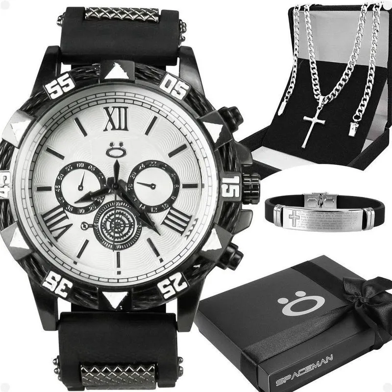 Relogio Aco Masculino + Cordao Crucifixo + Caixa + Pulseira Ajustavel Prateado Robusto Preto Prata