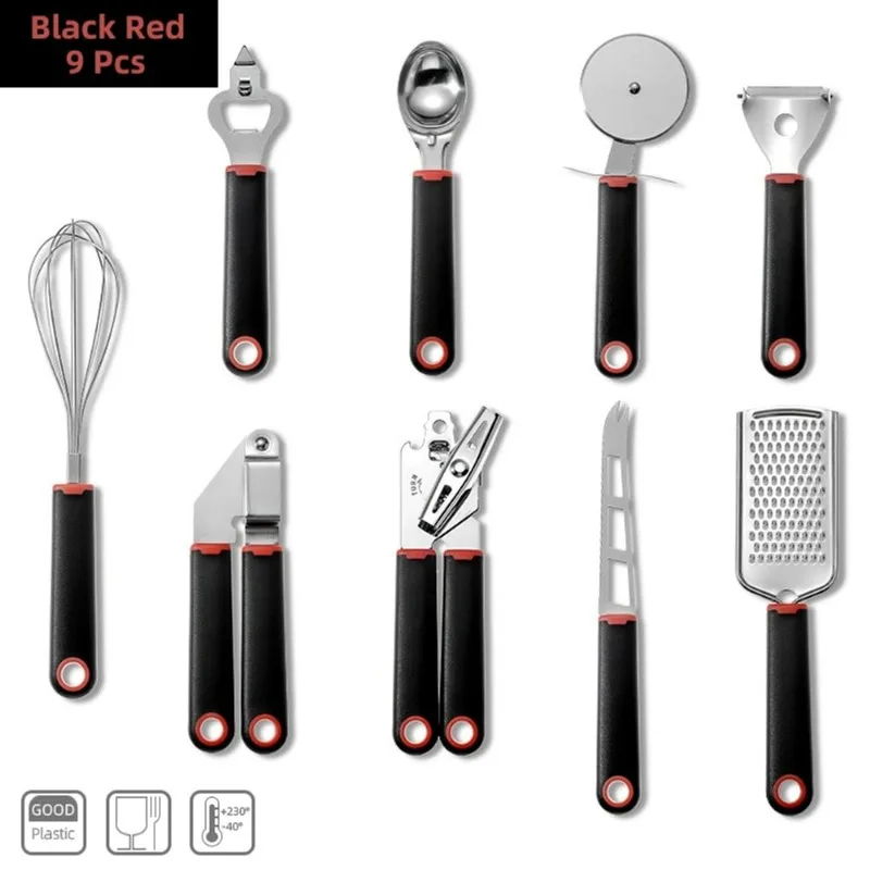 Kit 9 Peças Aço Inoxidável Multifuncional Abridor De Lata Cortador De Pizza, Ralador, Utensílios De Cozinha Preto-vermelho
