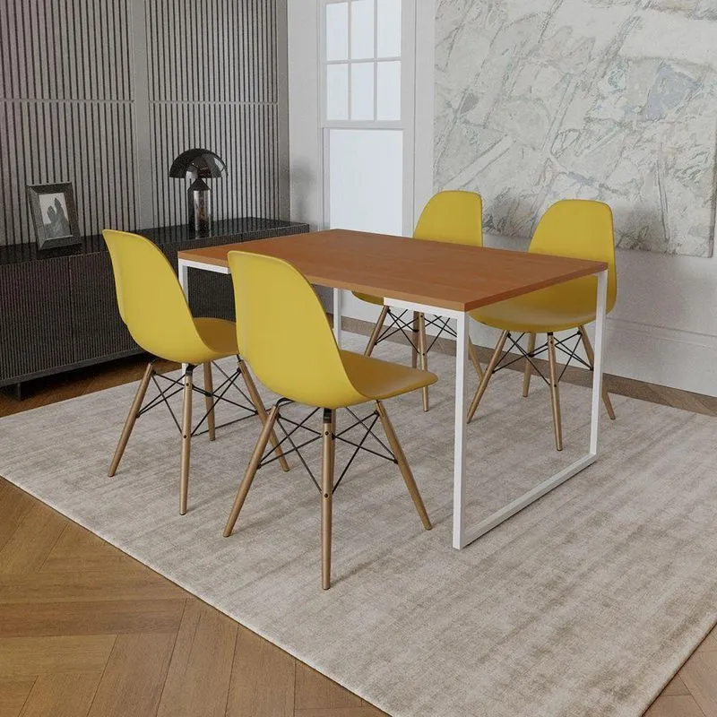 Mesa Industrial Base Ferro Branco Tampo 137x90 Canela 4 Cadeiras Eames Madeira Assento Amarelo