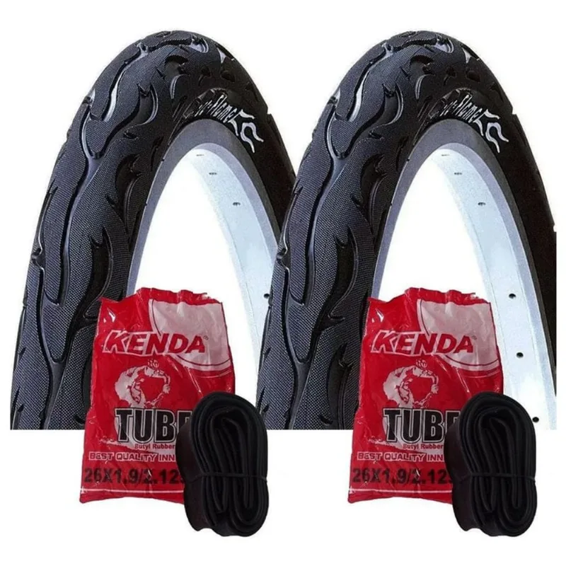 Par Pneu Aro 26 X 2.125 Kenda Flame + Par Câmaras Kenda 26