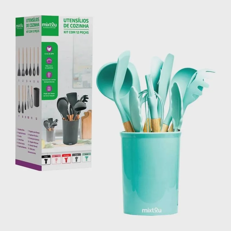 Kit 12 Utensílios De Cozinha Em Silicone E Cabo De Madeira