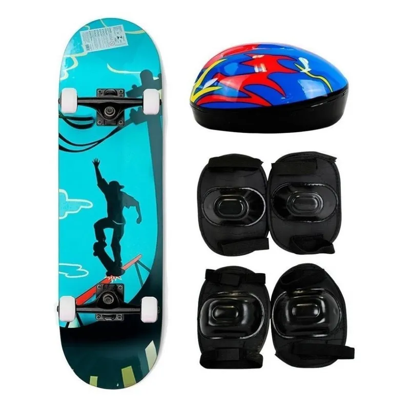 Skate Skateboard Iniciante Completo + Kit Proteção Completo
