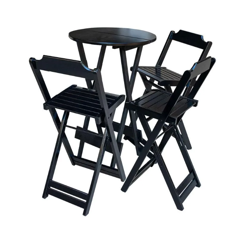 Jogo De Mesa Bistrô Dobrável Em Madeira Maciça Com C/3 Banquetas Altas - Preto - Preto