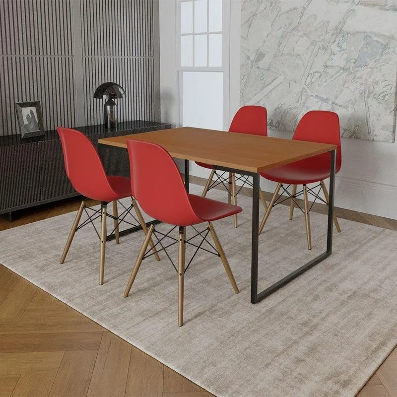 Mesa Industrial Base De Ferro Preto Tampo 137x90 Canela 4 Cadeiras Eames Madeira Assento Vermelho