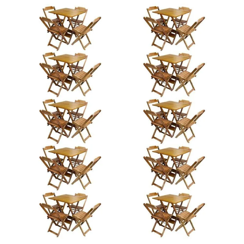 Kit 10 Conjuntos De Mesa Com 4 Cadeiras De Madeira Dobravel 70X70 Mel - Amarelo