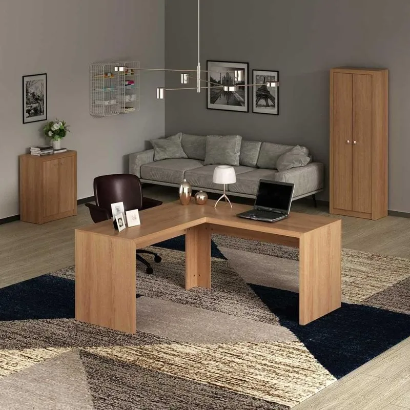 Kit Para Escritório Com Mesa Em L Armário 2 Portas E Balcão Amêndoa Tecno Mobili