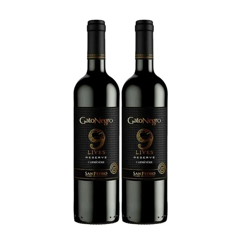 Kit 2 Garrafas Vinho Chileno Gato Negro 9 Lives Reserva Carmenere 750ml