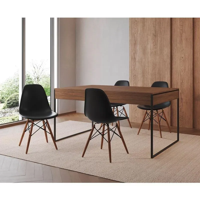 Mesa Jantar Industrial Retangular Amêndoa 137x90cm Base Ferro Preto C/4 Cadeiras Pretas Amendoa