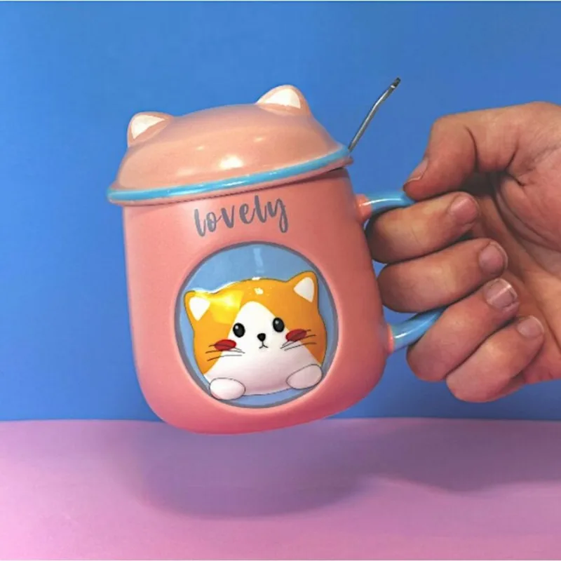 Caneca Porcelana 3D Com Tampa E Colher Gatinho Rosa