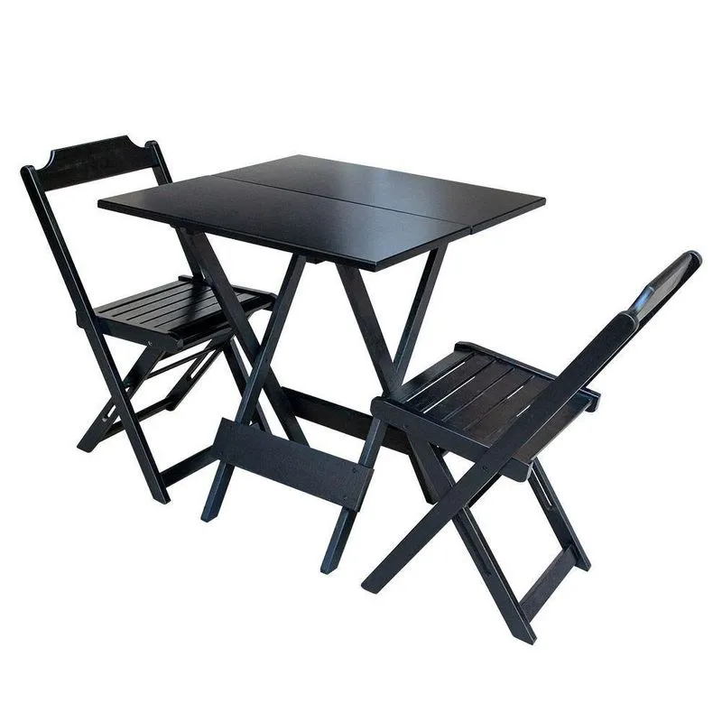 Jogo De Mesa Dobravel Com 2 Cadeiras De Madeira 70X70 Ideal Para Bar E Restaurante - Preto