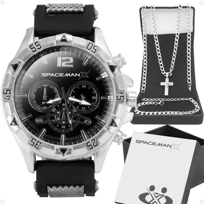 Relogio Masculino Aço + Caixa + Cordão Cruz + Pulseira Inoxidável Crucifixo Presente Casual Social