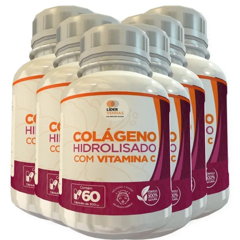 Colágeno Hidrolisado Com Vitamina C 500mg 60 Cáps 6 Potes