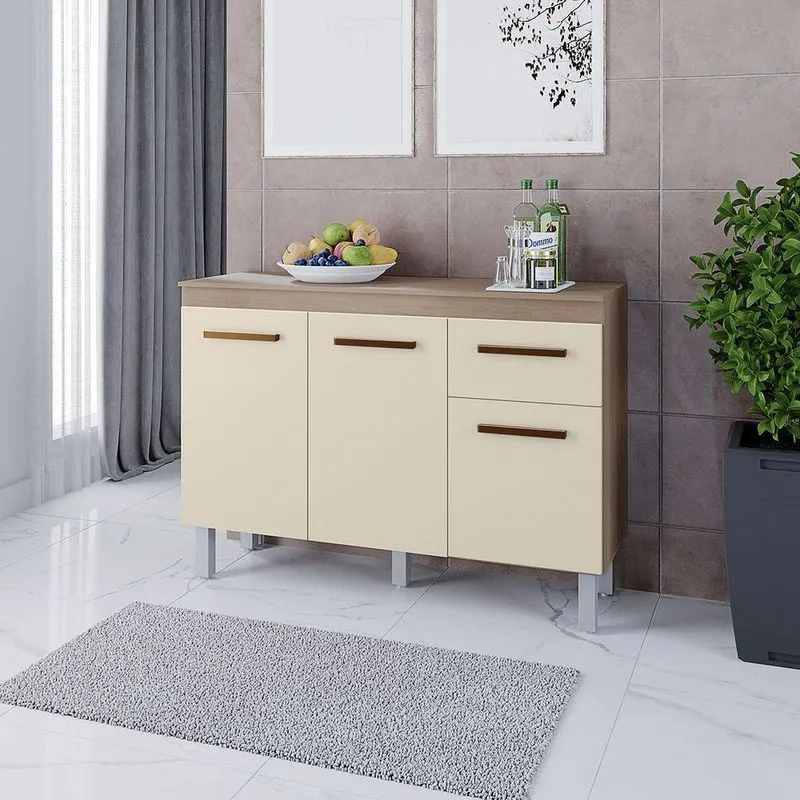 Balcão Para Cozinha Vitória 3 Portas 1 Gaveta MDP 118cm Off White Moblis Móveis