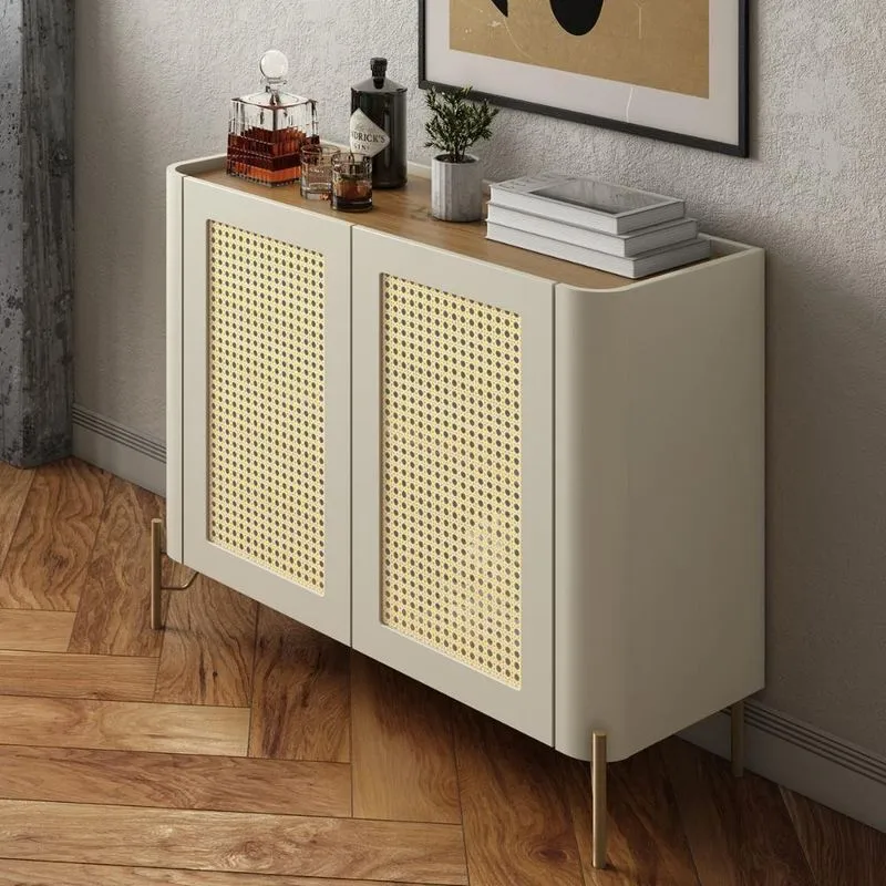 Buffet Aparador Linha Bend Porta Sextavada 2 Portas 100% Mdf 98,5cm Louro E Luna Com Dourado