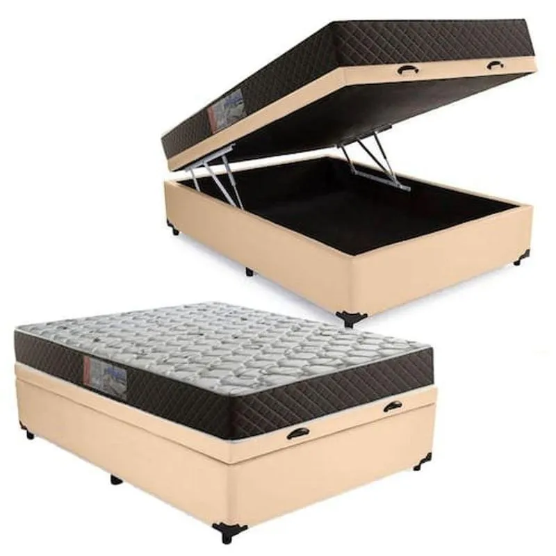 Cama Box Com Baú Casal Colchão Molas Bonnel Tecido Sintético Bege