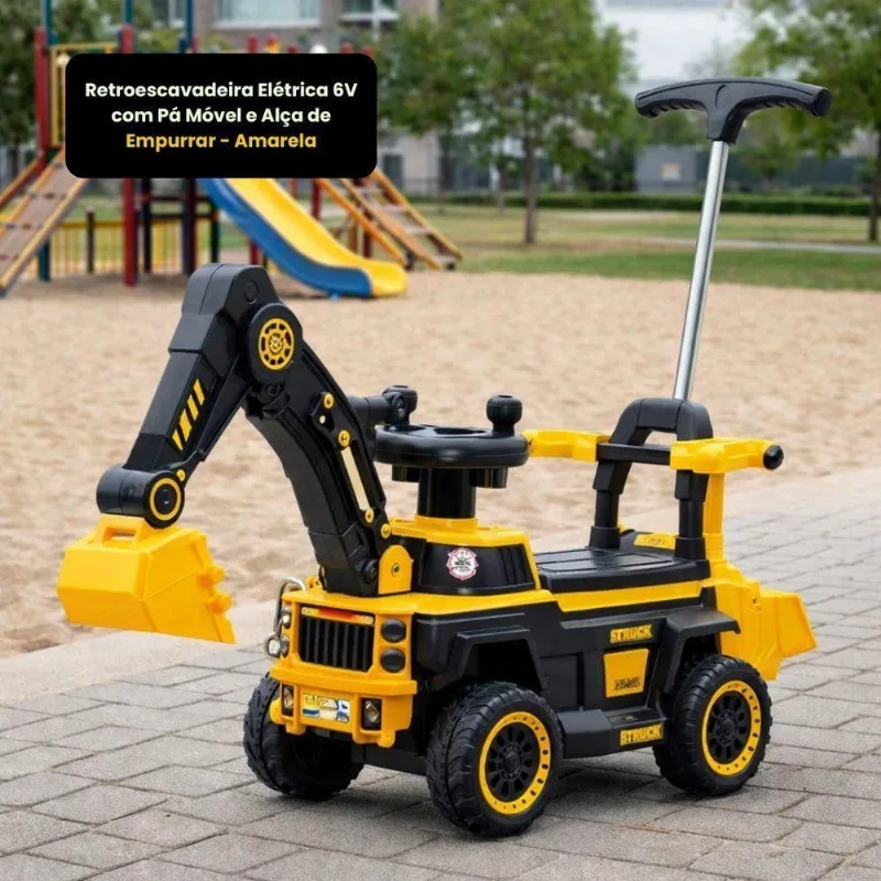 Retroescavadeira Elétrica 6V com Pá Móvel e Alça de Empurrar Amarelo Unitoys