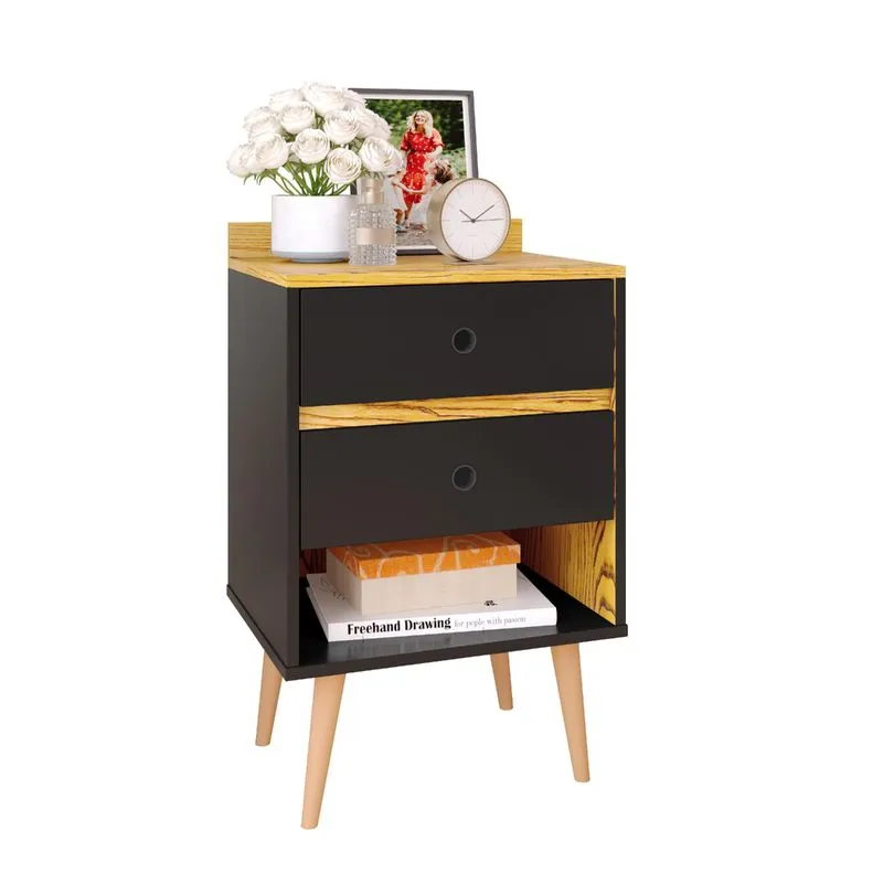 Mesa de Cabeceira Retrô Mesinha com Gavetas e Nicho Paris para Quarto - Preto com Nature - Lojas RPM