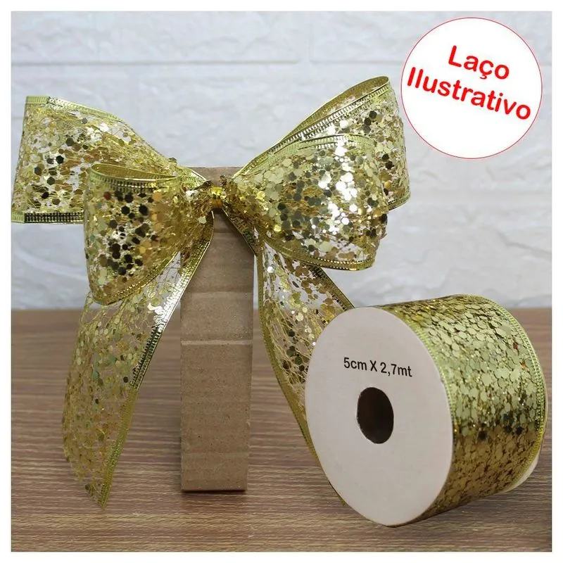 Rolo Fita Aramada Dourada Natal Decoração Natalina 5cm X 2,70m
