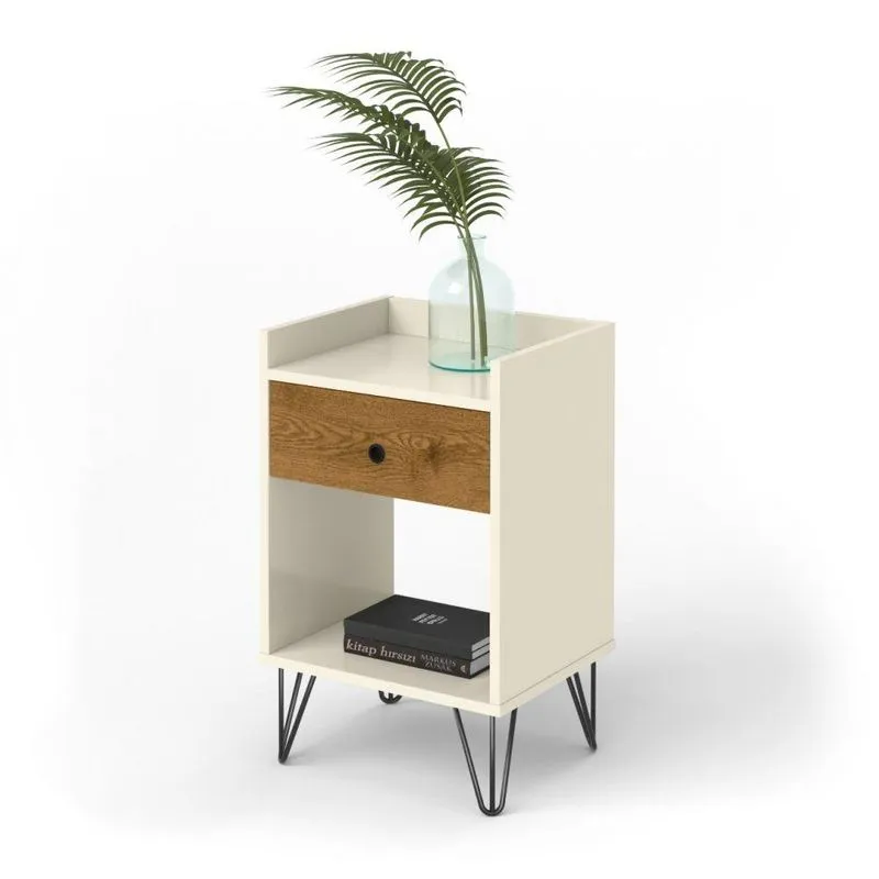 Mesa De Cabeceira Retrô Pés De Ferro Ella Off White/freijó