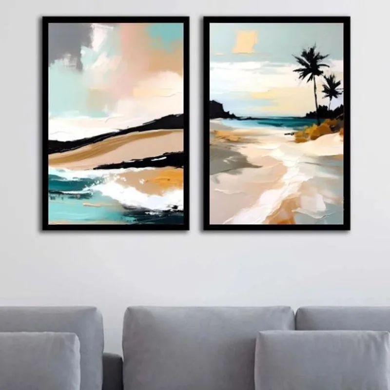 Kit 2 Quadros Abstratos Praia Estilo Pintura 33X24Cm - Vidro