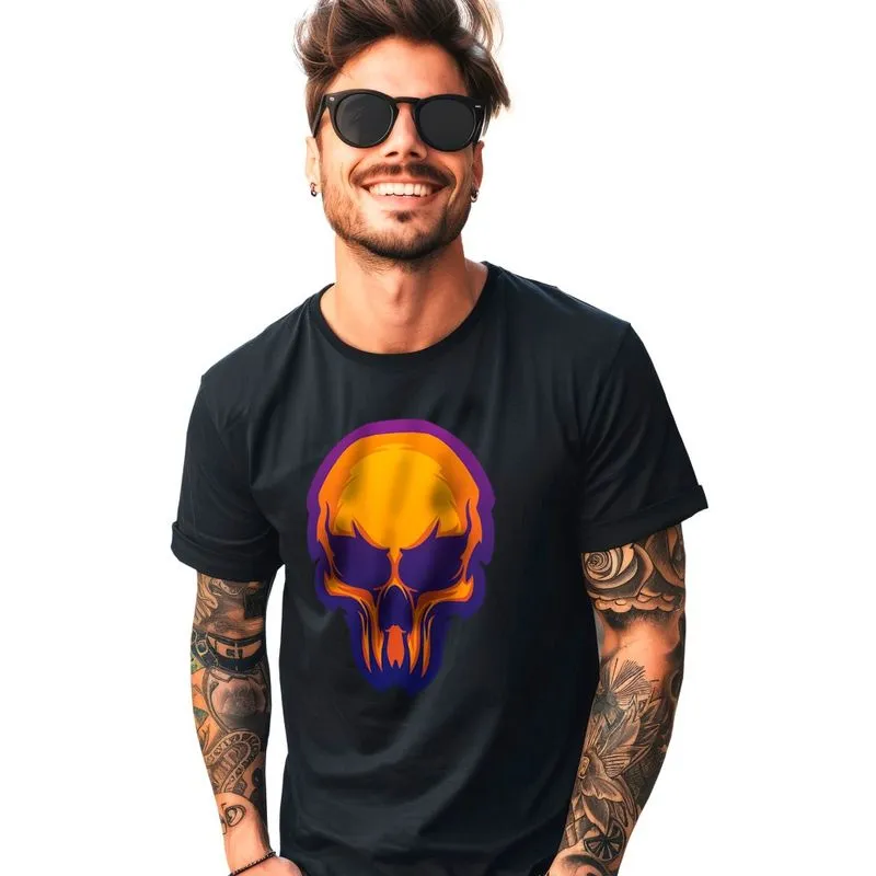 Camiseta Estampada Caveira Roxa 100% Algodão Gola U Preta