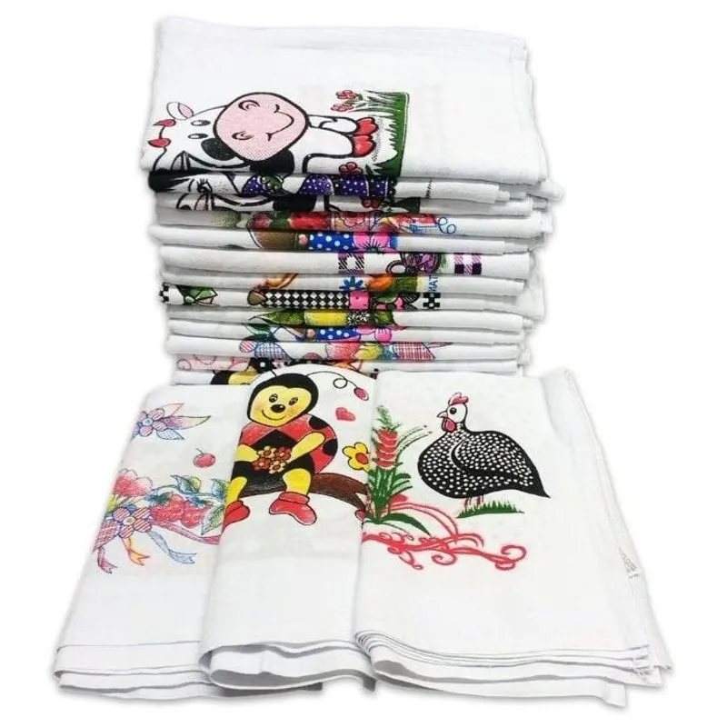 Kit 18 Panos De Copa / Prato Branco Com Estampa - 44x68cm -